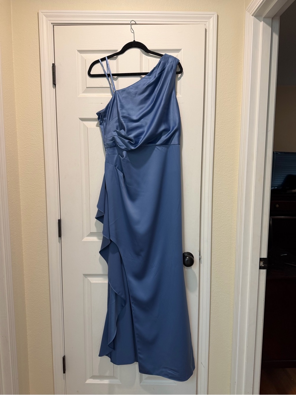 Adrianna Papell Slate Blue One-Shoulder Ruffled Maxi Dress
